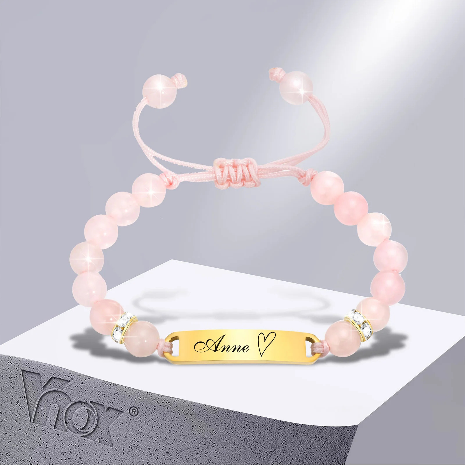 Vnox Free Personalized Girl Name Bracelets Custom Anti Allergy Stainless Steel Pink Beads Bracelet for Boy Girls Birthday Gifts 250430