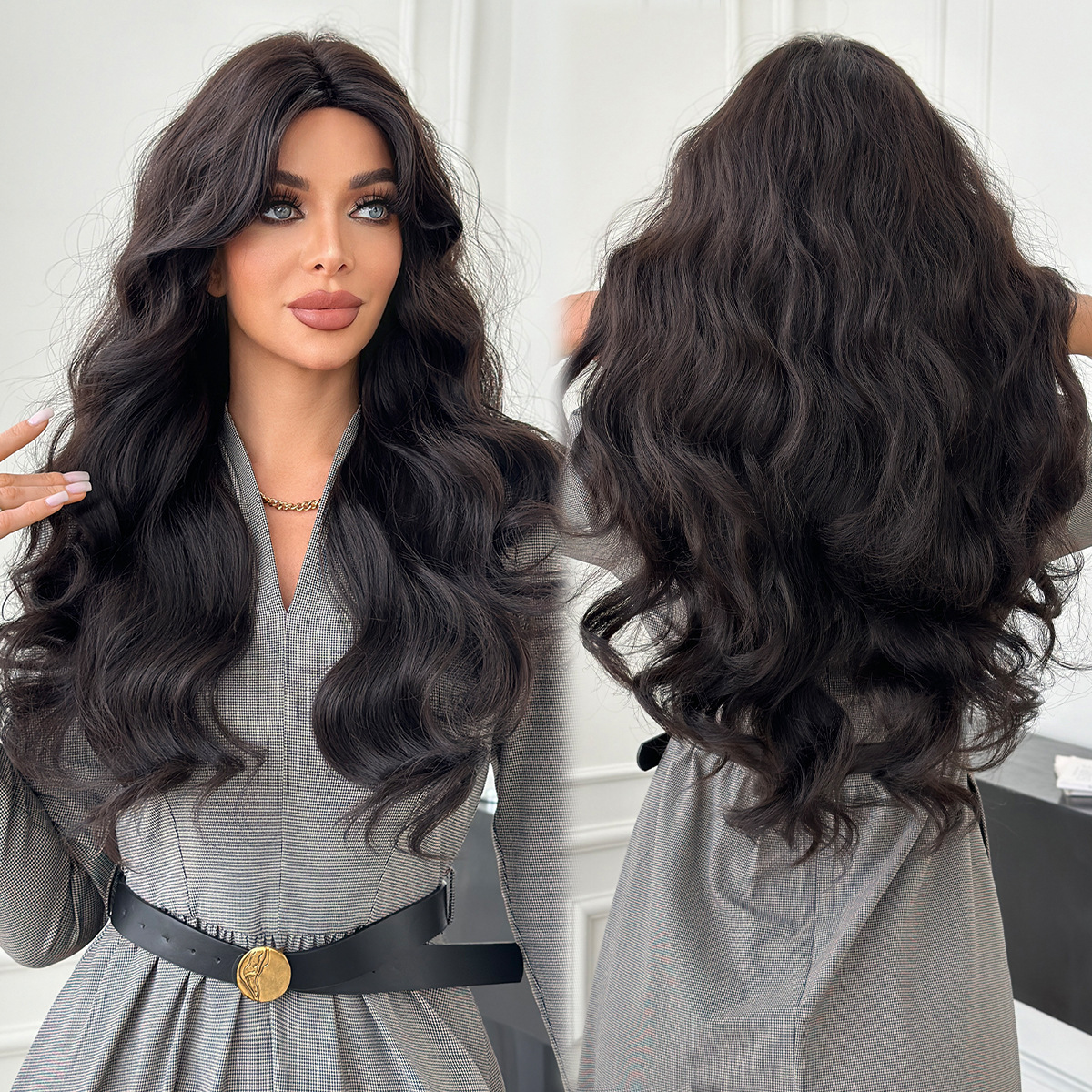 Chinese 2025 zodiac bangs long curly hair wig full head cover round face for women commonly used synthetic wave wig
