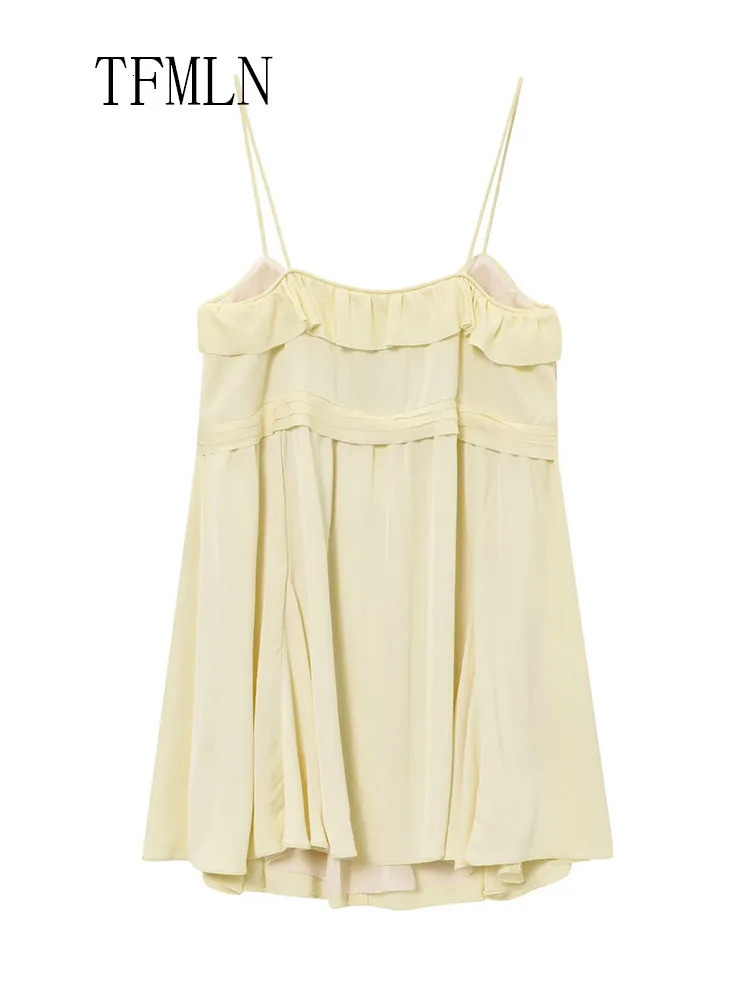 TFMLN 2025 Summer Women Tierred Mini Strap Dress Sweet Sleeveless Bow Causal Loose Dress Fashion Yellow Beach Style Dress 250428
