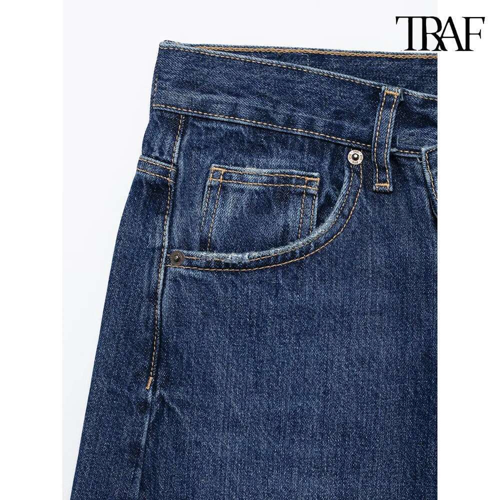 TRAF high-waisted Slim wide-legged denim casual elegant straight trousers temperament street women's clothing