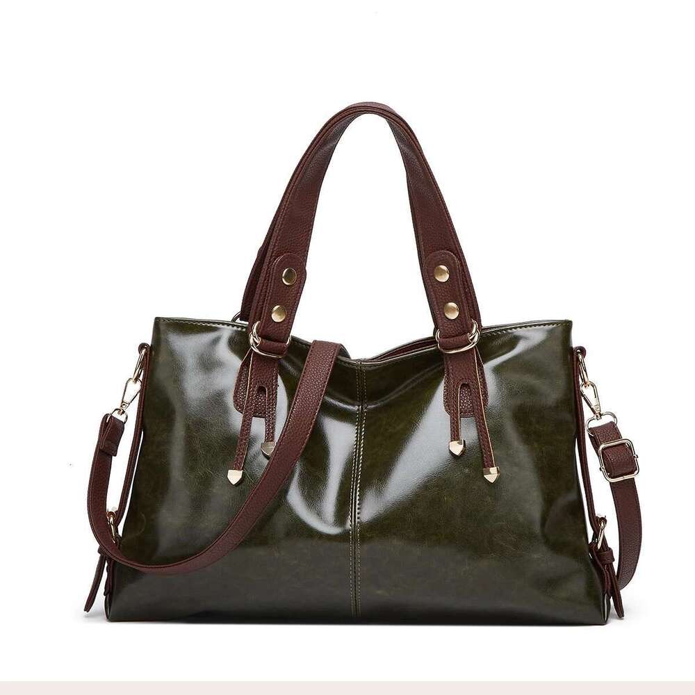 Retro Minimalist Atmosphere Large-Capacity Wide Shoulder Strap Solid Color Tote Bag, Ladies' Fashion Multi-Layered Wax Oil Leather