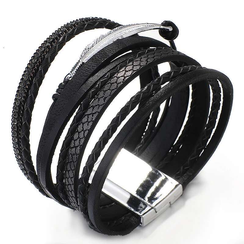 ALLYES Vintage Leaf Feather Multilayer Leather Bracelet Men Fashion Braided Handmade Rope Wrap Bracelets Female Jewelry