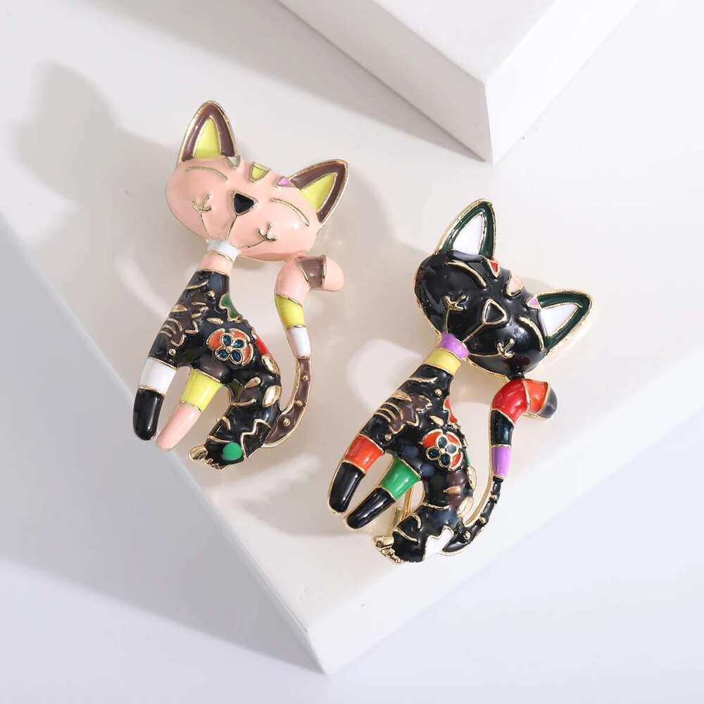 Enamel Cat Brooches For Women Unisex Rhinestone Animal Pins Banquet Party Backpack Gifts Jewelry Accessories