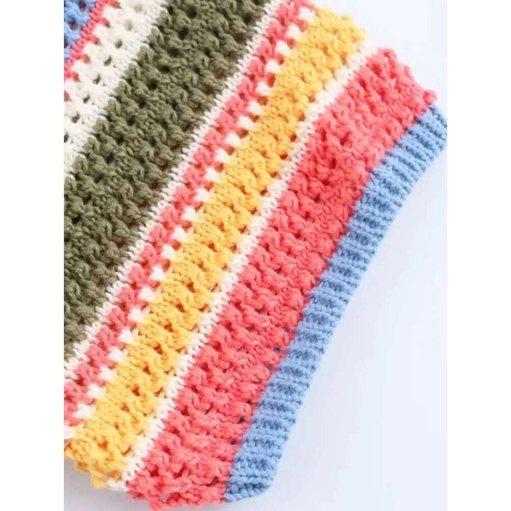 Trza-Women's Striped Crochet Knit Crop Sweater, Polo Collar, Short Sleeve, Button-Up, Female Outerwear, Chic Tops, Fashion