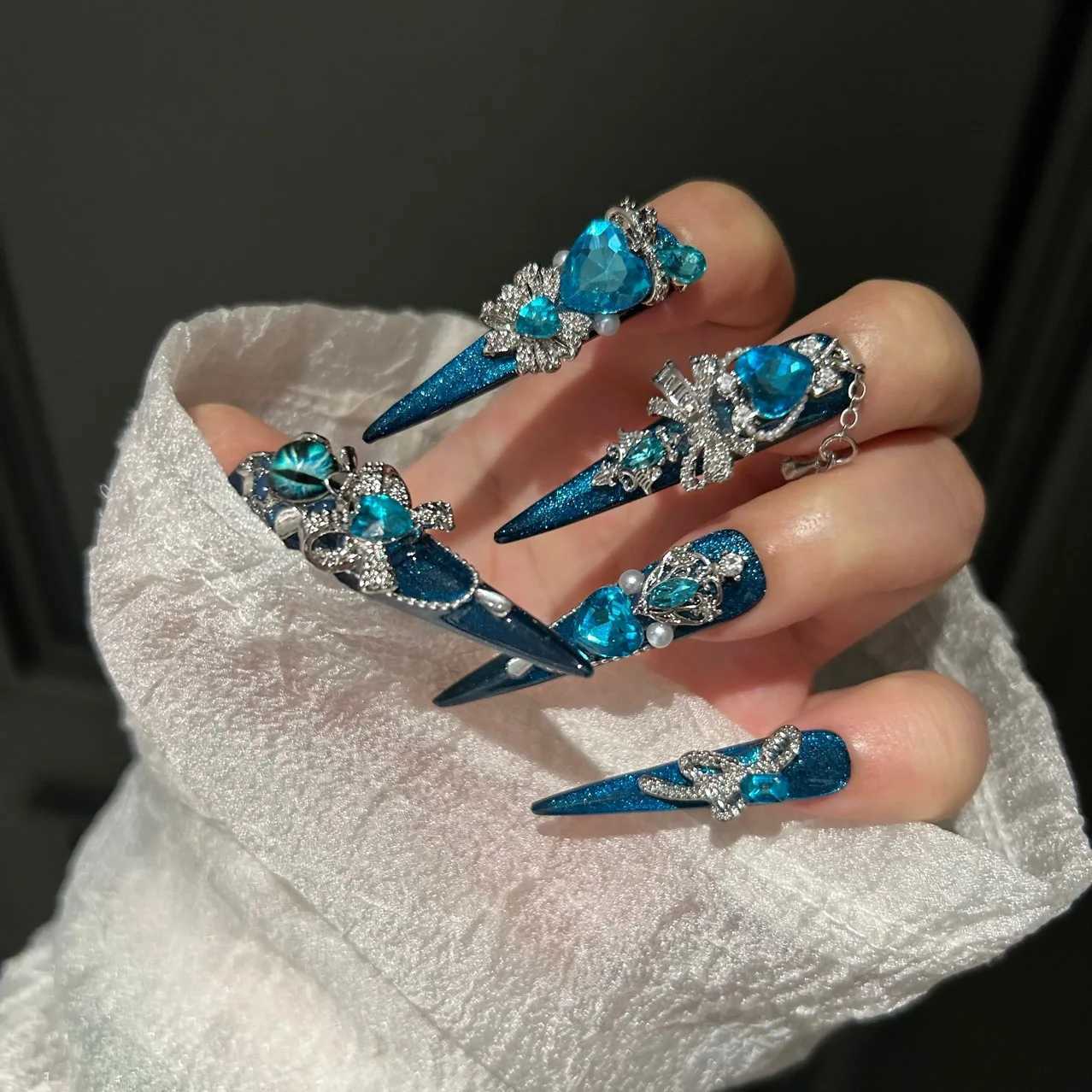 Bianas original handmade wearable cat eye nail art premium blue press nail H25429