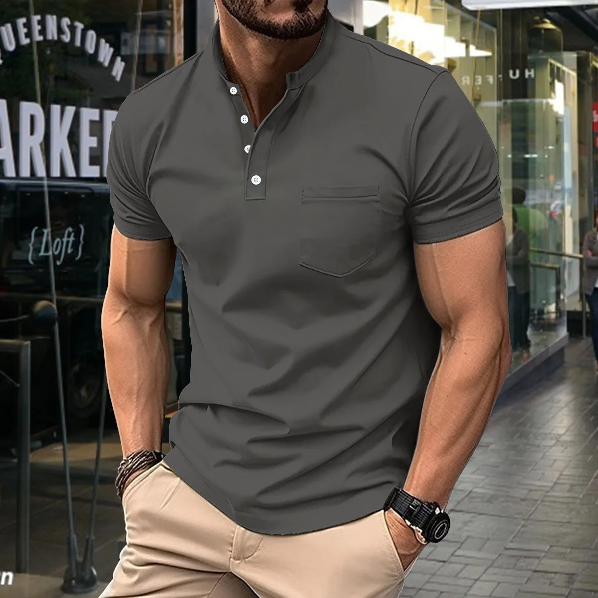 Mens casual polo shirt V-neck button up business solid color casual sports short sleeved polo shirt 250428