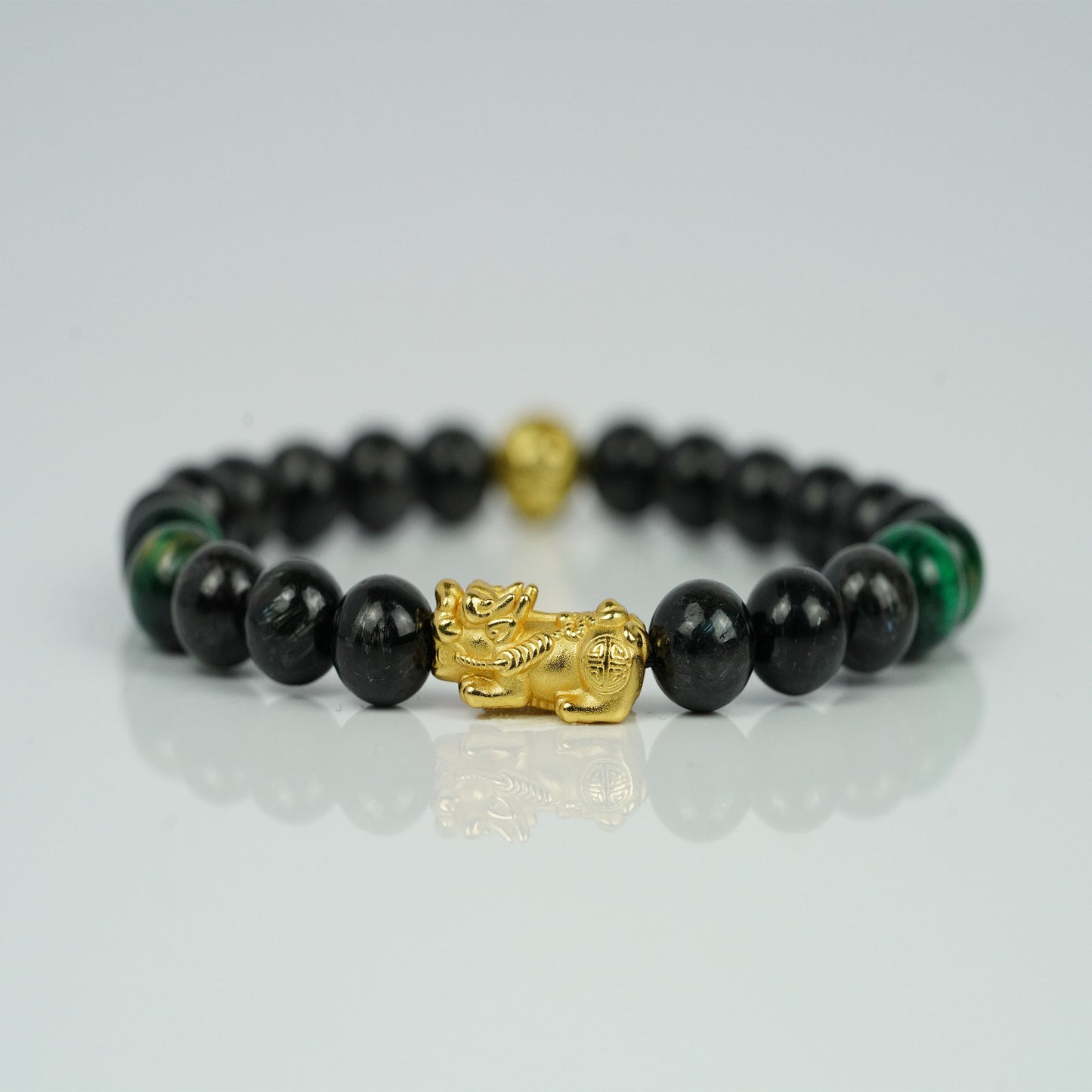 Handcrafted Pi Xiu Protection Bracelet Black Obsidian & Green Crystal Energy Jewelry for Luck and Success