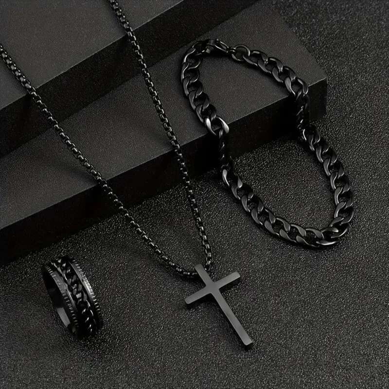 Hip Hop Fashion Cross Pendant Necklace Bracelet Chain Ring Men's Set Simple Personality Party Three Piece Jewelry Accessories