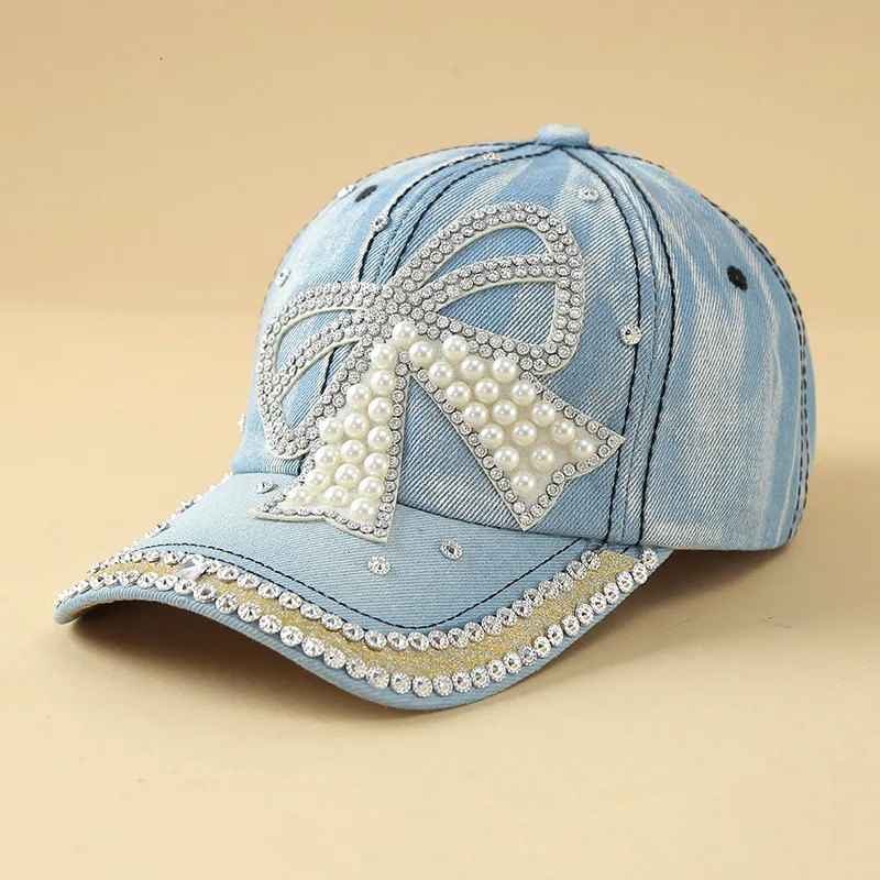 Adjustable denim baseball cap pearl trimmed bow sun protection hand sewn diamond volatile hat 250430