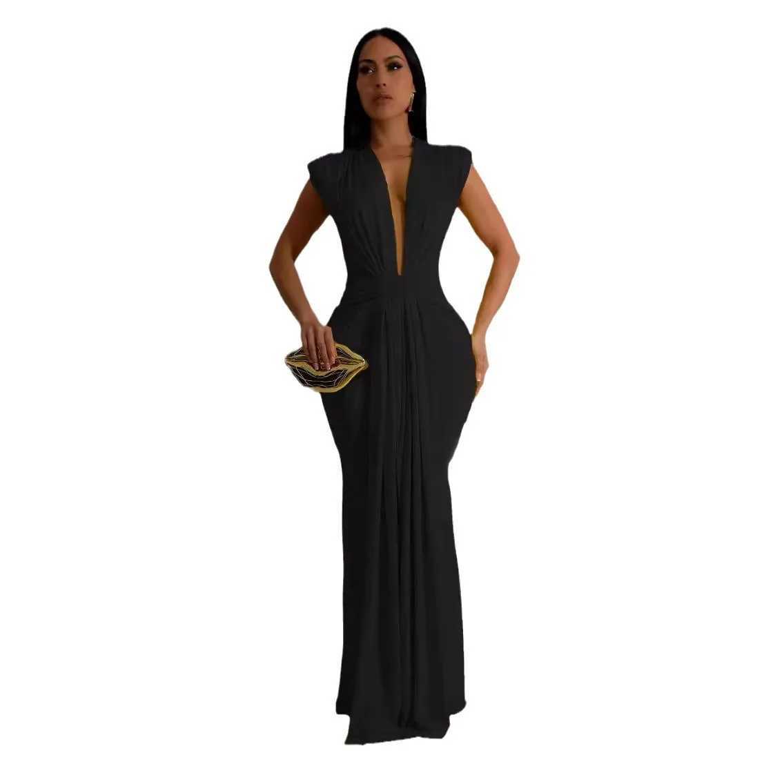 Womens long dress deep V-neck sleeveless pure thin fit tight waist sexy and elegant stitching wrapped around hips temperature Vestdos W250430