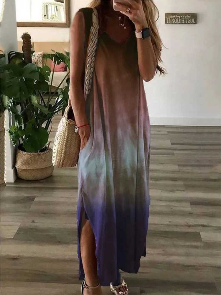 Gradient tie dye printed long sleeved womens fashionable casual V-neck loose seam vest womens summer A-line vest W250430