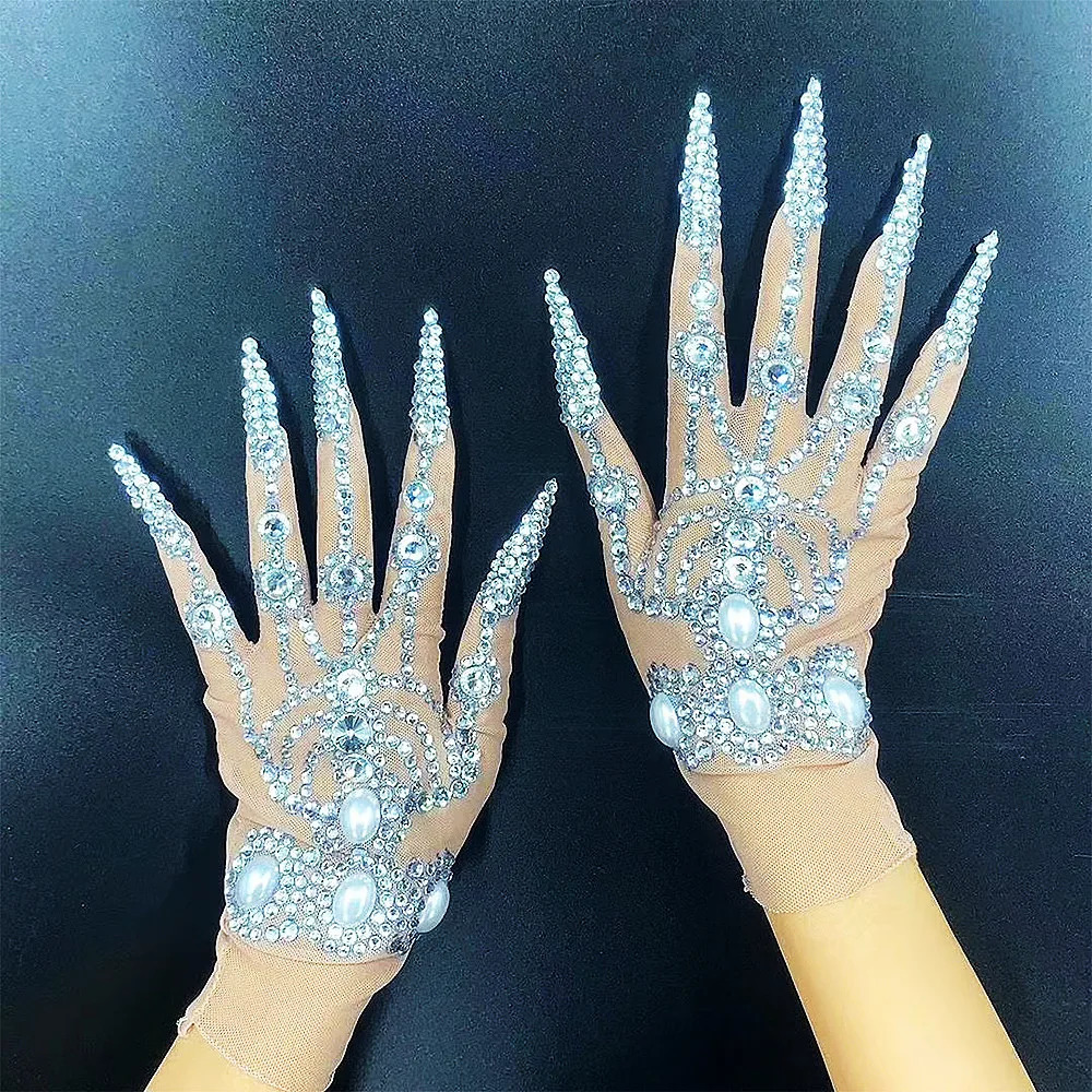 Rhinestone Pearls Short Mesh Gloves Shining Crystal Gloves Dancer Singer Nightclub Stage Performance Show Accessories 250420