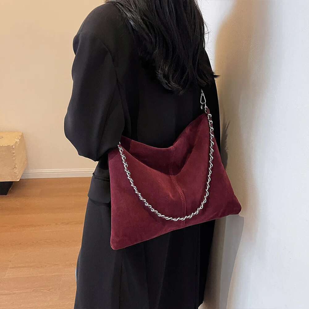 Red Faux Suede Large Capacity Shoulder Crossbody Vintage Underarm Commuting Bags for Women Casual Fashion High Quality Tote