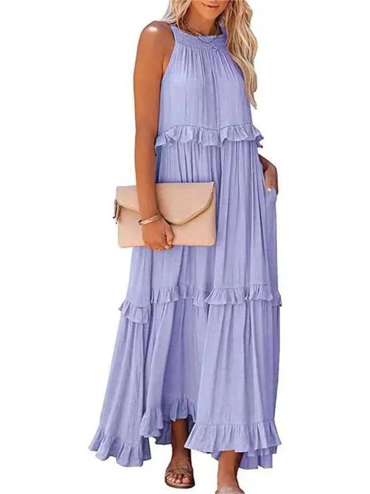 Womens Spring/Summer New Collection Solid Color Vacation Style Fashion Ruffle Long Leather Display Beach Skiing W250430