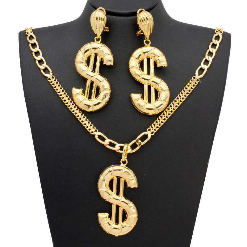 Earrings And Pendant Set For Wome Necklace Dollar Jewelry Sets Copper Gold Plated Statement Hip Hop Jewellery Party