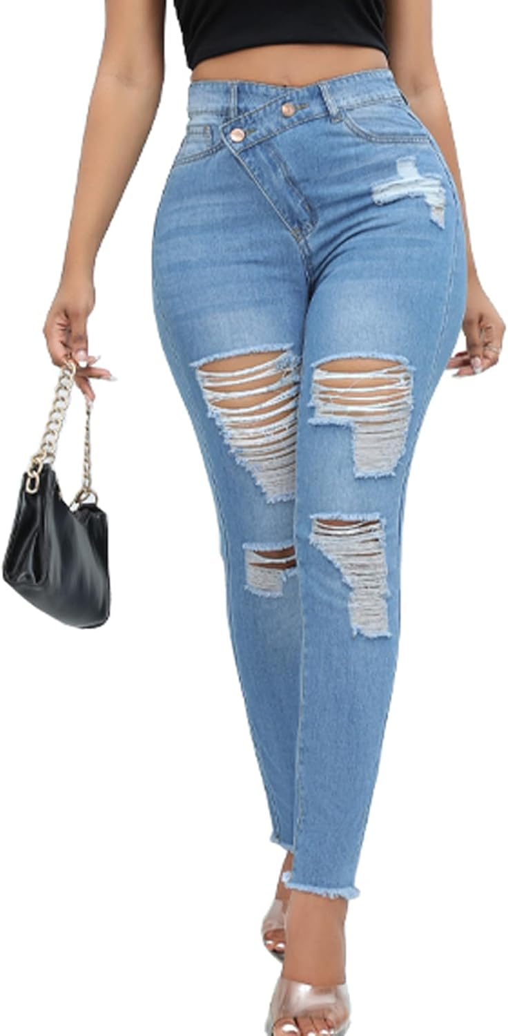 Women Skinny Ripped Jeans Stretch Distressed Destroyed Denim Pants New Fashion Women Baggar Pants Heigh Quality Boyfriend Denim Pencil Pants