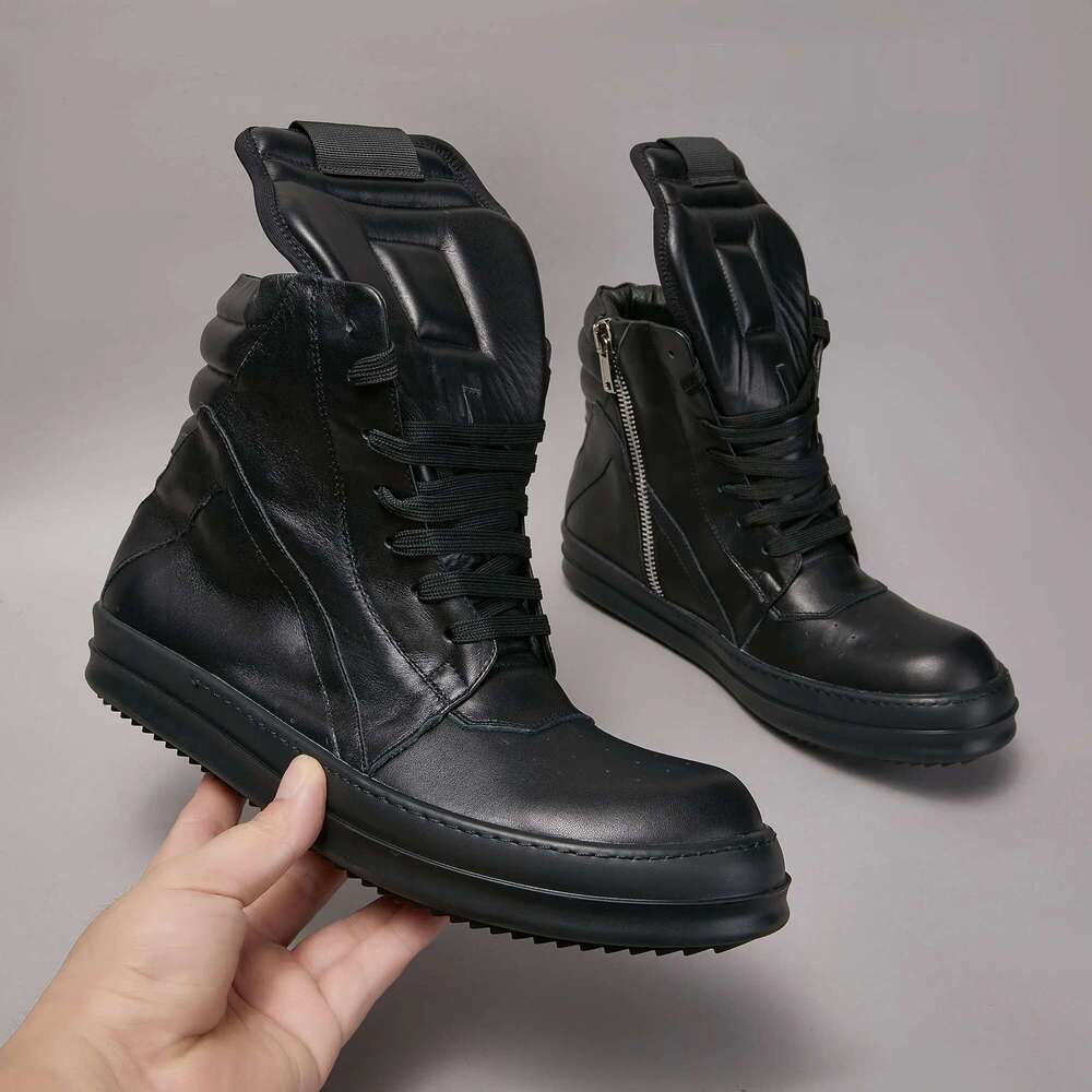 Brand Men Sneaker Women High top Full black Leather Casual Shoe Owens Boots Zipper Ankle Boot Lace Up Flat Sneakers