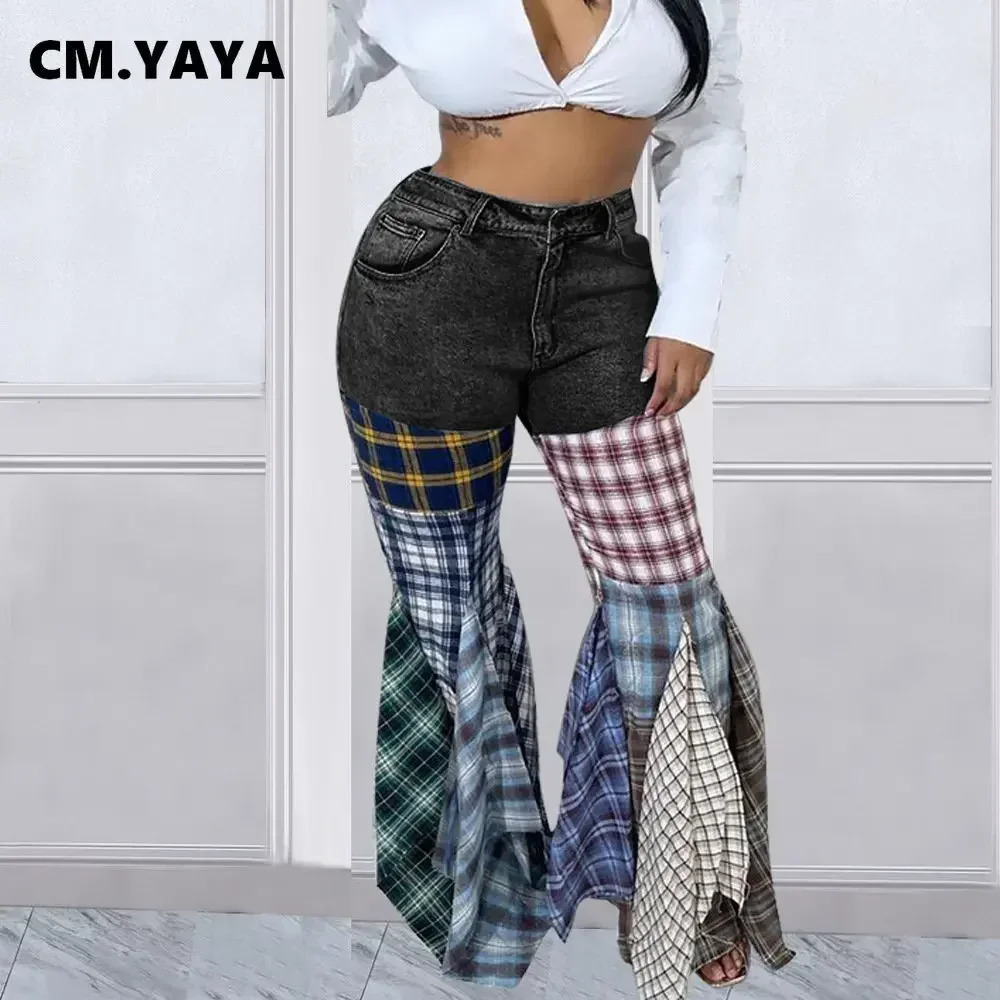 CM.YAYA Womens Colored Plain Patchwork Zipper Fly Flare Jeans Retro INS Fashion Street Clothing Wide Leg Denim Trouers Pants 250423