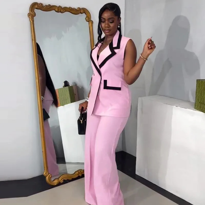 Pants set womens twopiece matching work elegant double chest top vest wide leg pants high waist Y2k pink 250530