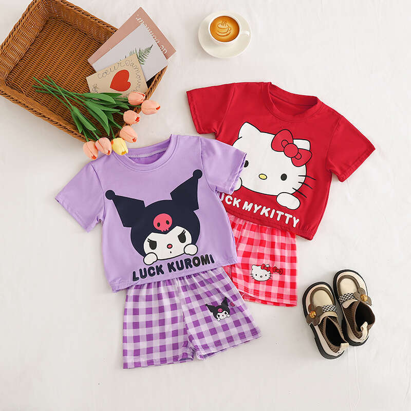 Summer Outfit New 2025 Girls' Casual Cartoon Baby Cute Loose Shirt Plaid Shorts Set