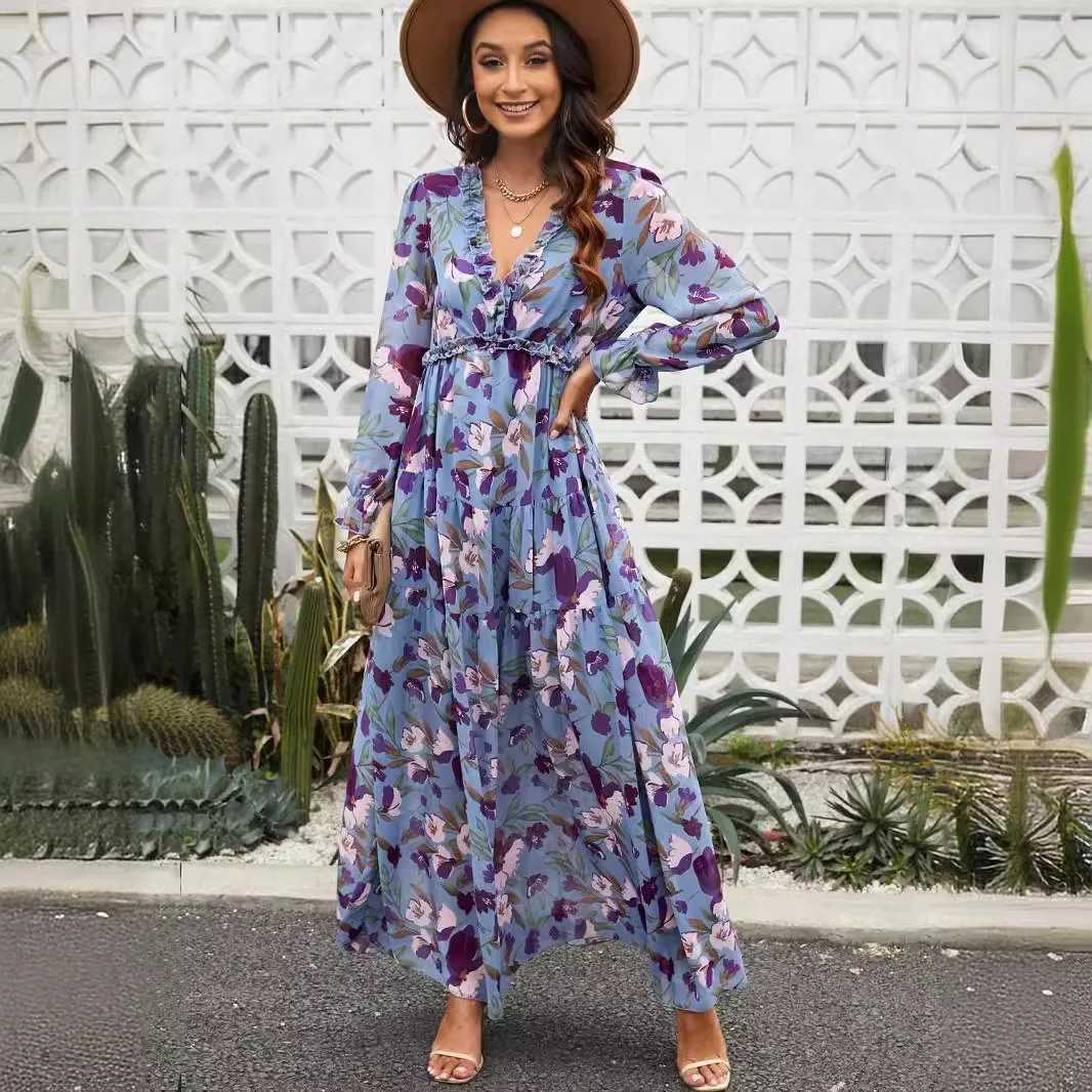 Elegant printed womens spring and summer casual pleated edge laminated long sleeved chiffon A-line long skirt party vest W250430