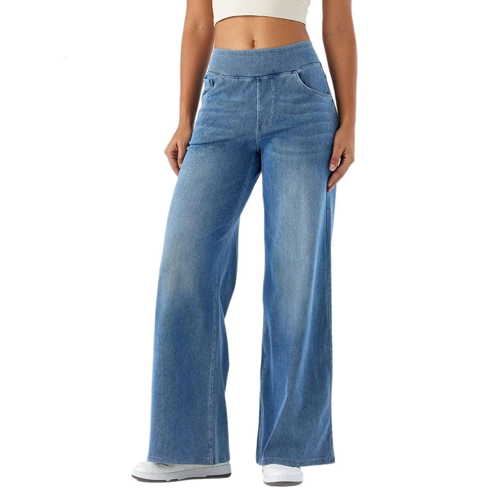 Women Denim Pant Wide Leg Long Pants Y2k Streetwear Elastic Waist Straight Trousers Elegant Mom Jeans Temperament Casual