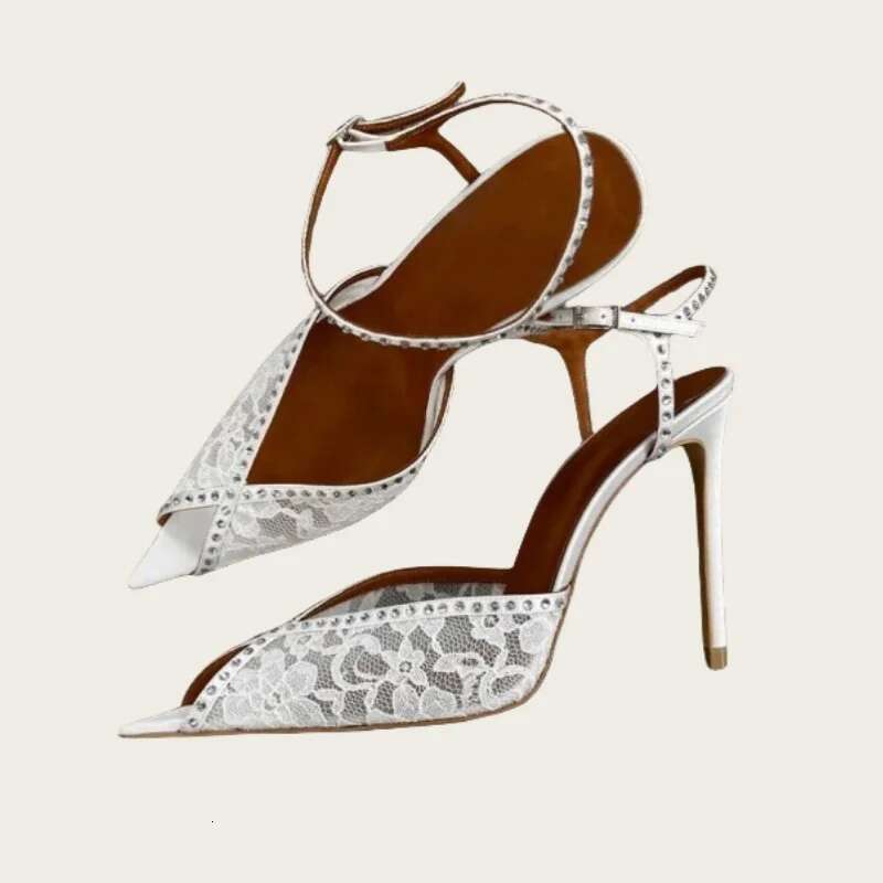 Sexy Lace Women's Pointed Open Toe Ankle Strap Buckle High Heels Wedding Banquet Shoes Women
