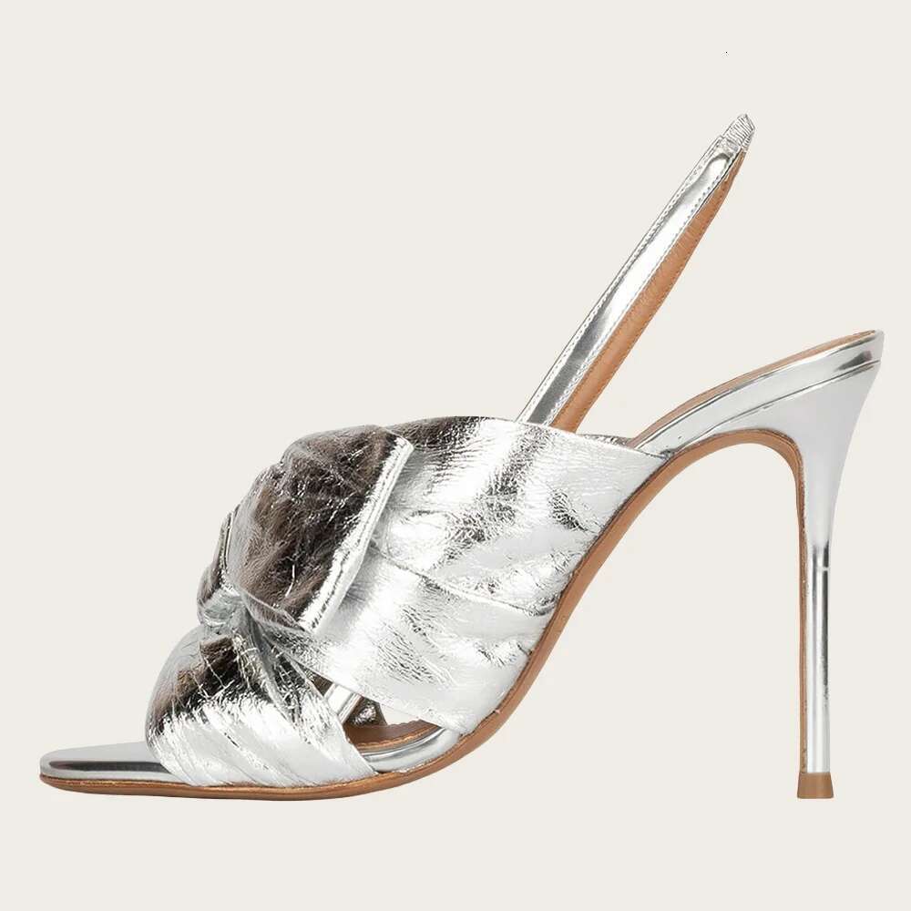 New Sexy Sier Gold Women Stiletto Mules Butterfly Knot Slip On Female Thin High Heel Party Summer Slippers Shoes