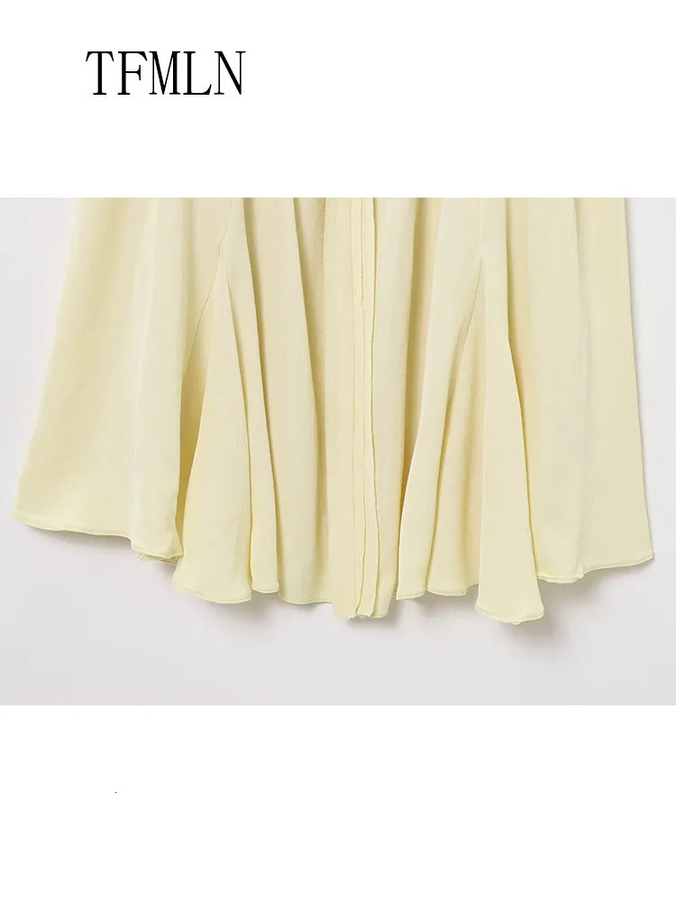 TFMLN 2025 Summer Women Tierred Mini Strap Dress Sweet Sleeveless Bow Causal Loose Dress Fashion Yellow Beach Style Dress 250428