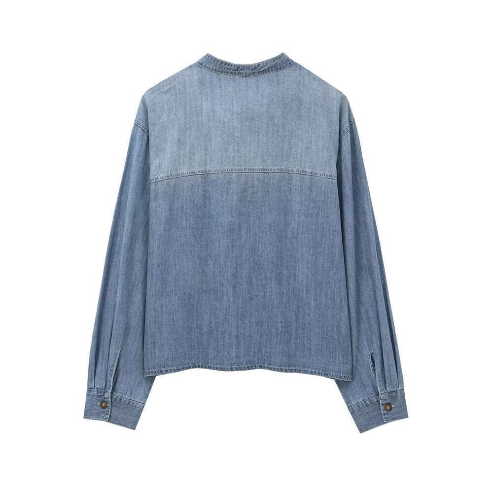 INS Fashion Blue Color Stand Collar Bow Design Single Breasted Long Sleeves Women Sweet Solid Loose Denim Shirt ZATT New