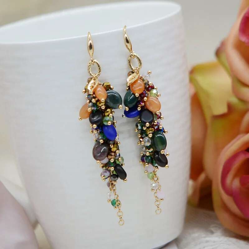 2025 New Drop Shape Long Tassel Ethnic Style Exaggerated Glass Crystal Earrings Bohemian Accessories For Women