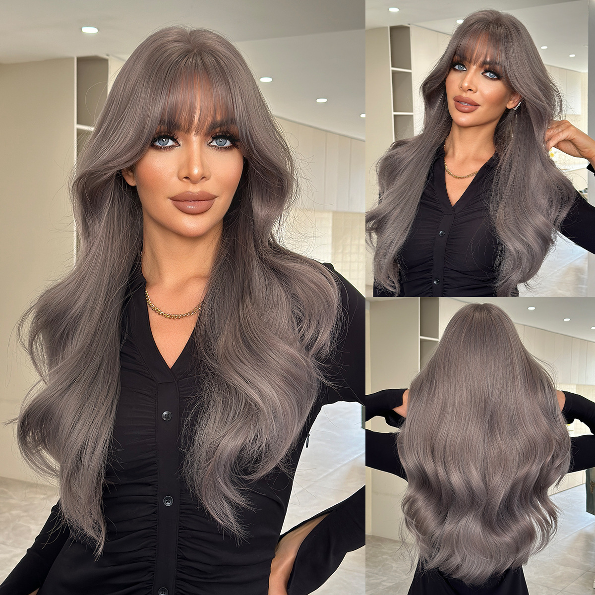 wig New for women gray purple long curly hair with wavy bangs high-quality wig natural full head cover