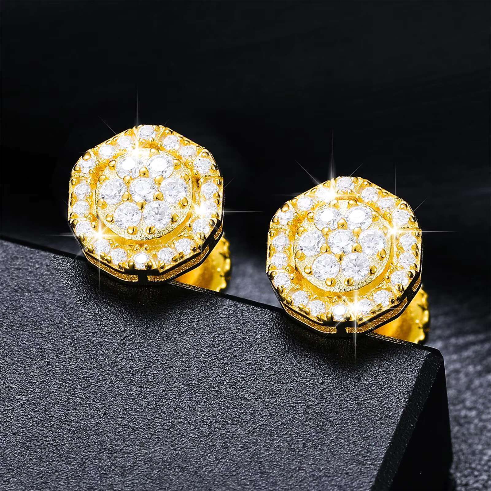 Fashion Female Design Jewelry White Gold 925 Sterling Silver Moissanite Diamond Fine Round Geometric Stud Earrings