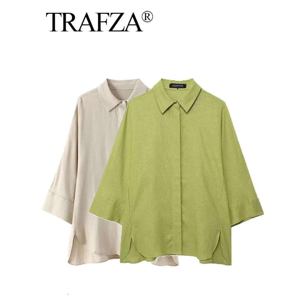 TRAFZA Women Fashion Solid Blouse Single Breasted Long Sleeve Lapel Shirts Casual Loose Female Commuting Chic Top