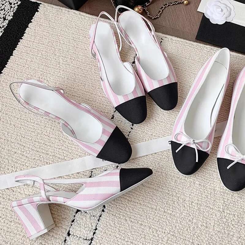 Bow Fashion Brand Designer Color Blocked High Heels Striped Sandals Thick Heel Casual Women Shoes