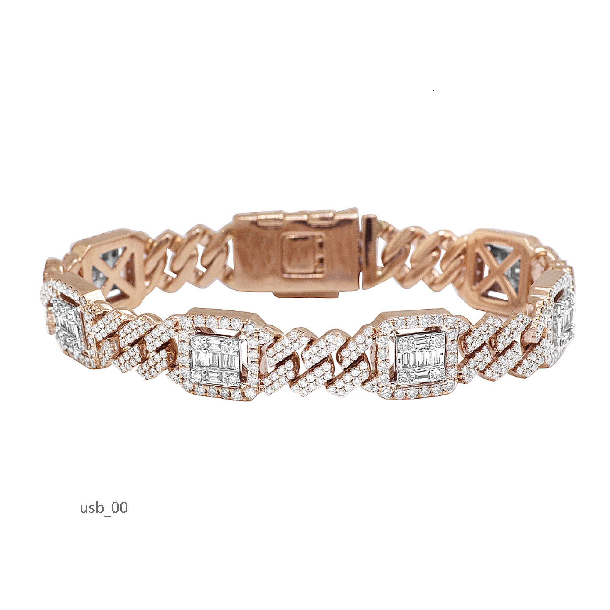 Most Trending Hip Hop Iced Out 14K Rose Gold Cuban Link Bracelet With Round Baguette Lab Grown Diamond For Men