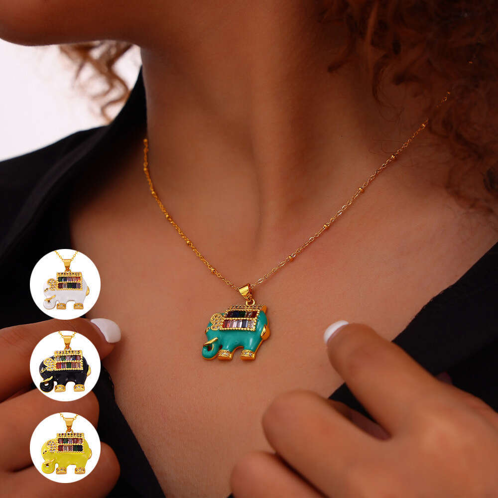 Ins Style Personalized Bead Chain Jewelry With Drip Oil Inlaid Dia Elephant Design, Copper Material Pendant, Titanium Steel Necklace