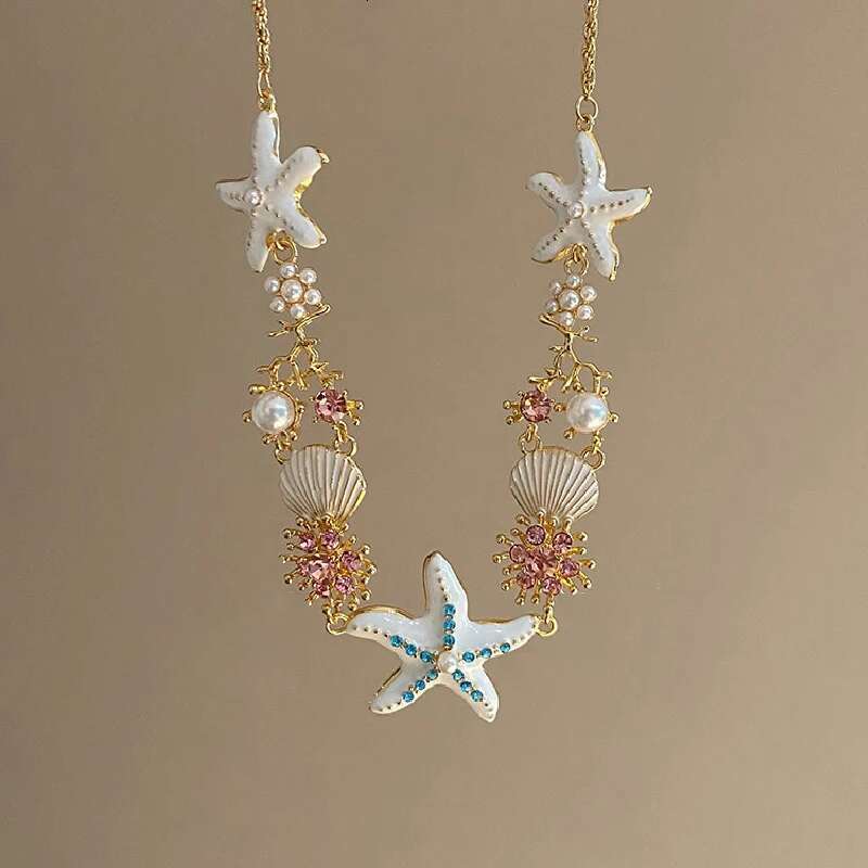 Bohemia Multi-Color Starfish Shell Shining Rhinestones Pendant Necklace Bracelets Set Beach Jewelry