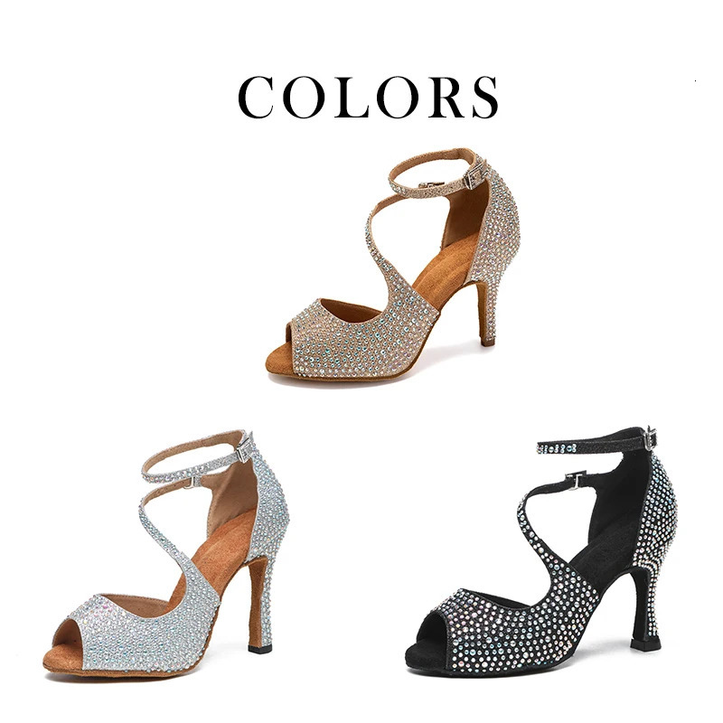 DKZSYIM Latin Dance Shoes Womens Ballroom Tango Rhinestone Dance Shoes High Heels Black/Silver/Gold Womens Wedding Shoes 250425