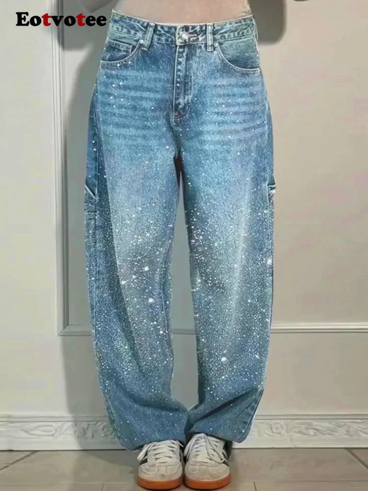 Retro Rhinestone loose jeans for women Y2K Korean fashion high waist wide leg pants casual straight 250428