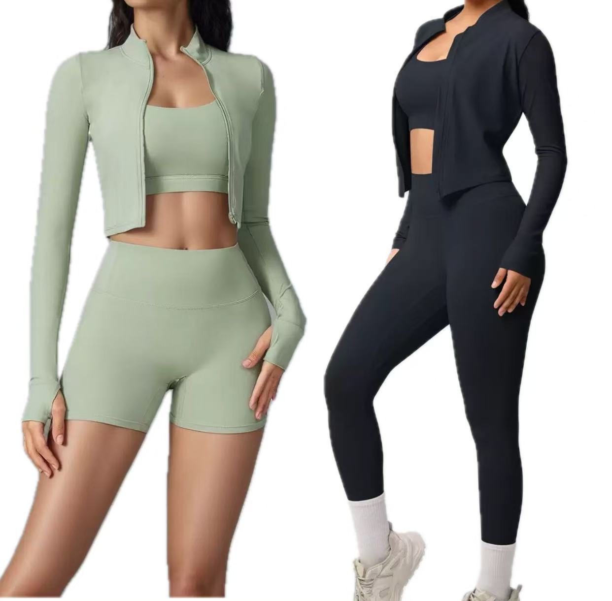 New Womens Yoga Outfit Three Pieces Vest+Pants+Jackets Suits Exercise Close-Fitting Fitness Wear Running Elastic Adult Workout Sportswear Elastic Trouser Tops