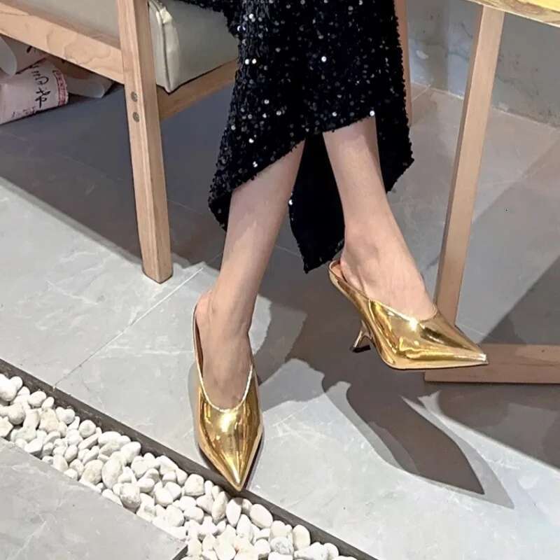 New Fashion Pointed Toe Mules Large Size Women Slippers Gold High Heels Wedge Heel Slip-on Sandals Closed toe Casual Shoes
