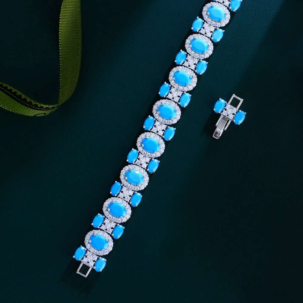 Threegraces 2024 New Blue Turquoise Geometric Link Chain Bracelet For Women Bohemian Wedding Bridal Party Jewelry Br404
