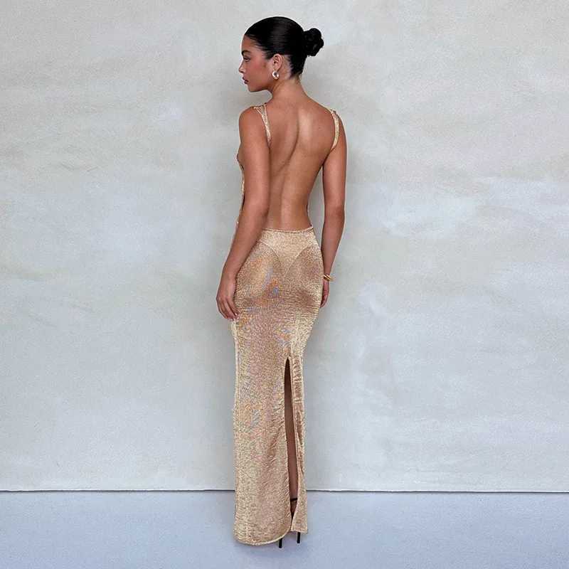 2025 Shiny Long Womens Amazing Summer Thin Mesh Transparent Sleeveless Womens Elegant Fashion Sexy Party Dress W250430
