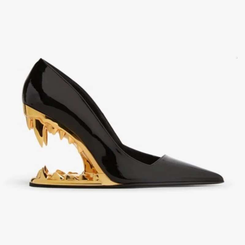 New Fashion Heel Show Metal Tooth Wedge High Heels Branded Pointed Toe Pumps Wedding Banquet Women Shoes