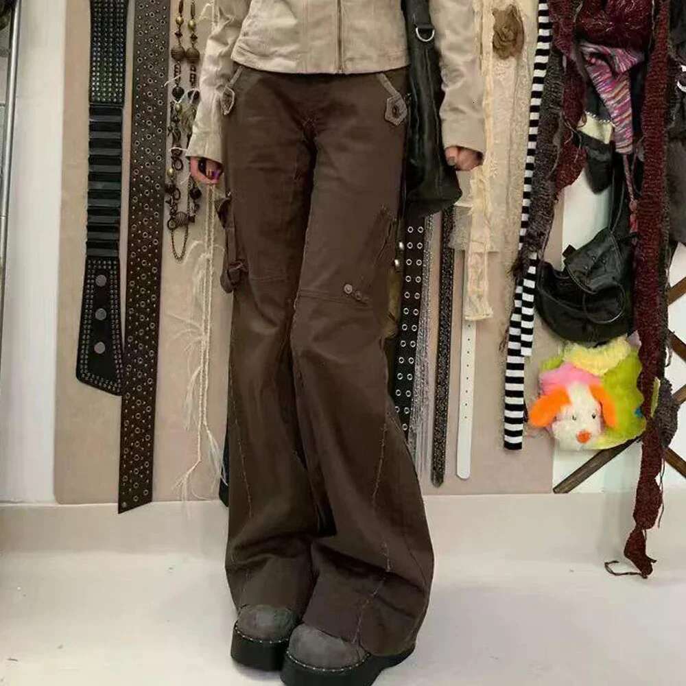 Y2K Aesthetic Brown Spliced Flare Jeans Women High Waist Streetwear Cargo Jean Pants Vintage Denim Trousers Grunge Pantalones
