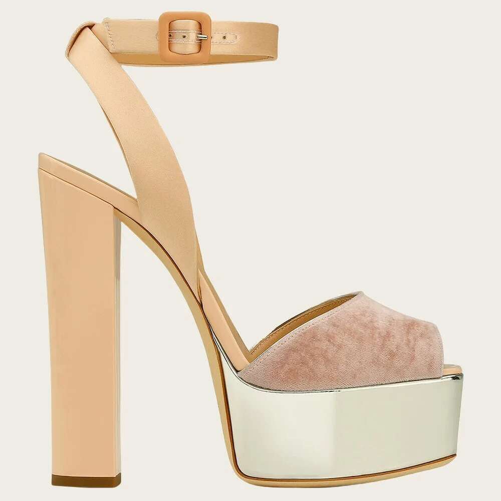 New Fashion Sequined Thick Soled Sandals Open Toe Block Heels Ankle Buckle Women's Party Dress Shoes