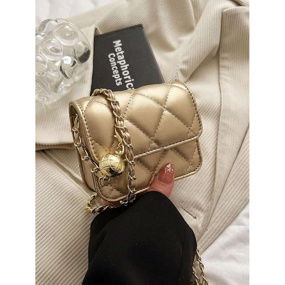 Simple And Versatile Texture Mini With Gold Ball Chain Strap Shoulder Crossbody Purse Women's Bag