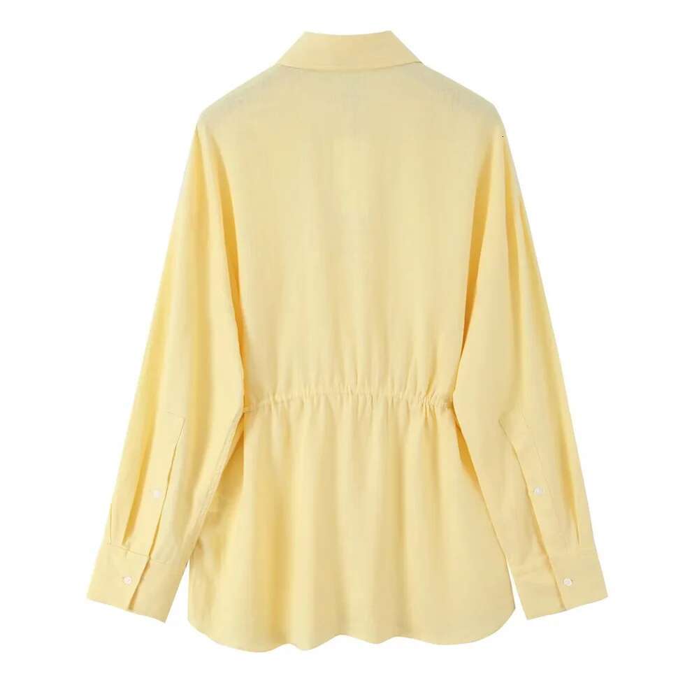Pb&Za 2025 Light Yellow Women Shirt Long Sleeve Button Front Design With Waist Tie Elegant And Versatile Style