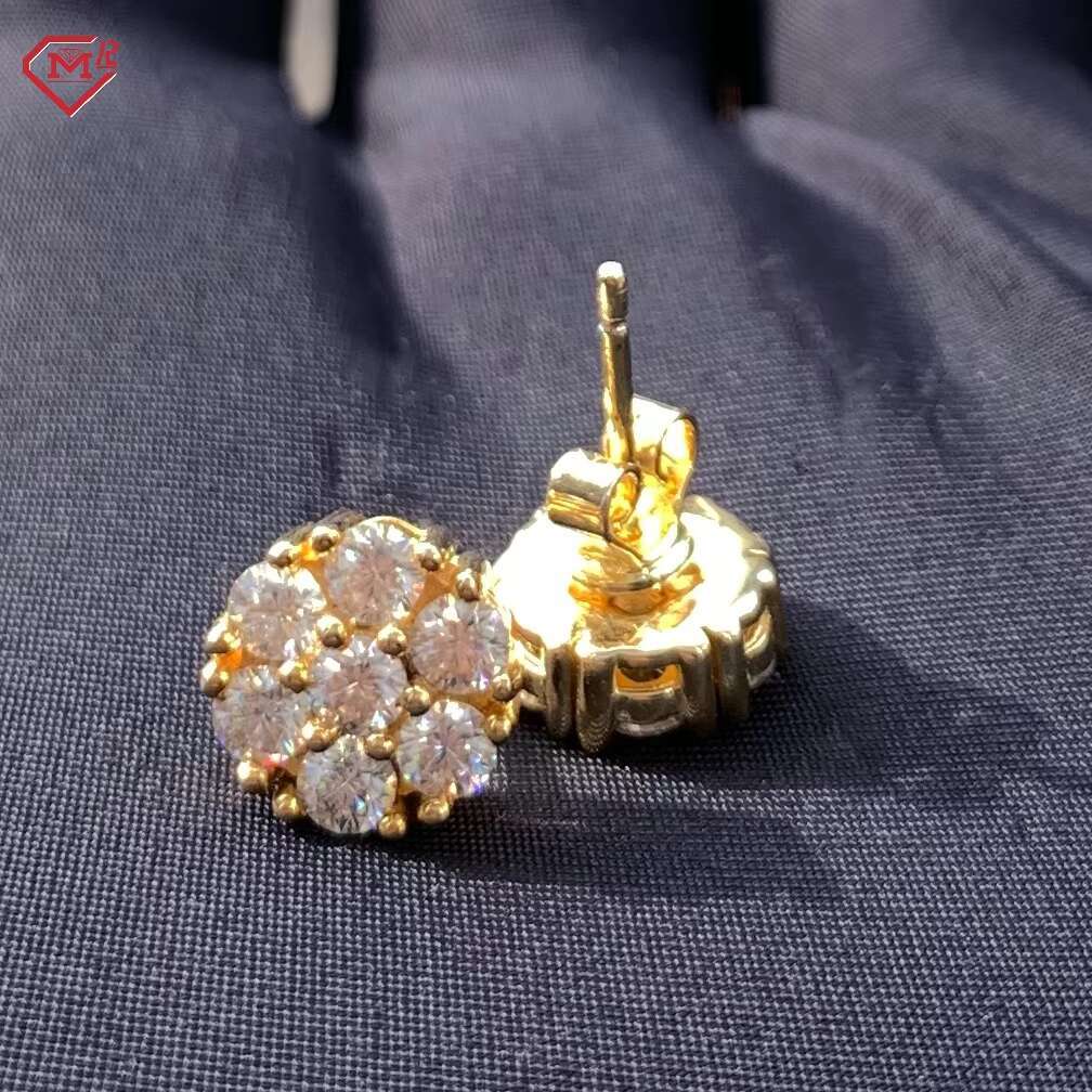 High Quality Moissanite Flower Earrings Gold Plated Stud Scrw Back Hip Hop 925 Silver Moissanite Earrings